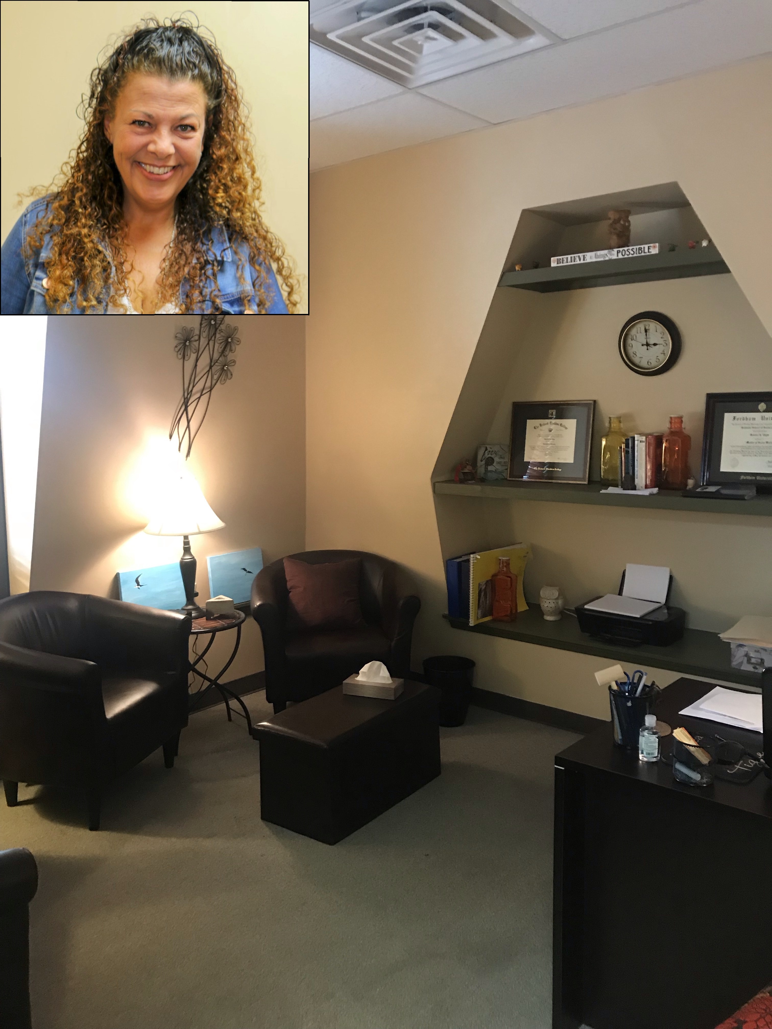  Jessica R. Tighe and her office interior.